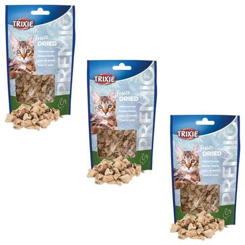 Trixie Premio Freeze Dried Hühnerherzen | 3er Pack | 3 x 25 g | Monoprotein-Snack für Katzen | 100% Hühnerherzen | Gefriergetrocknet, geschmacksintensiv und proteinreich