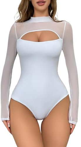 EVELIFE Women's Bodysuit Sexy Long Sleeve Cut out Top Ladies Sheer Mesh Turtle Neck Stretchy Basic Leotard(White,S)