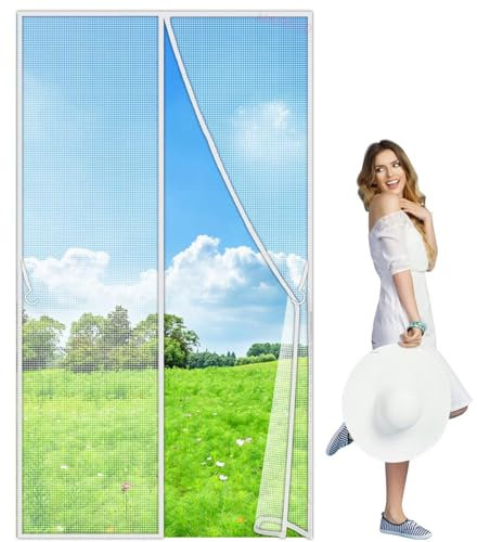 Upgraded Magnetic Fly Screen Door, 130x150cm Mesh Curtain Magnetic Top to Bottom Seal Snaps Shuts Automatically, Easy to Install Without Drilling, Keep Fresh Air in White Customizable
