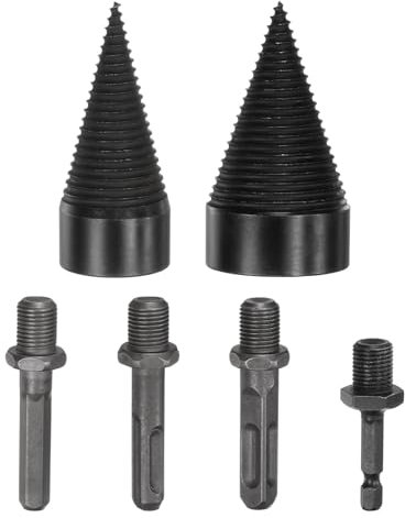 M METERXITY 2-Pack Wood Splitter Drill Bit 38mm + 50mm + 4 Handles (Square + Round + Hex Shank + Small Hex) Firewood Log Splitter Drill Bit for Family/Outdoor/Stove/Farm [Black+Grey]
