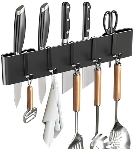 Knife Holder for Wall Mount-Knife Strips with Hooks Stainless Steel Wall Knife Rack-Knife Block-Knife Rack-Utensil Hanger-Kitchen Utensil Holder (Black, 30 CM+5 Hooks)