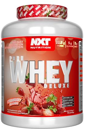 NXT Nutrition Pure Whey Deluxe 2.1kg | Whey Protein | Muscle Growth and Recovery | 70 Servings | 5g Glutamine | 5g BCAA | Strawberry Milkshake