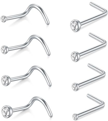 AceFun Piercing Nez 8 Pièces 20G en Argent - Forme L en Acier Inoxydable Avec Diamant CZ Clair - Pour Femmes et Hommes