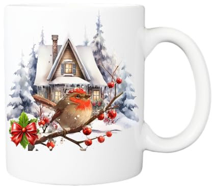 Pickhut Traditional Christmas Mugs - Hot Chocolate Mugs, Secret Santa & Stocking Filler Gifts for Christmas & Birthday, Xmas Eve Box (Traditional Winter Robin Mug)