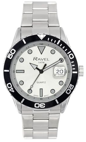 Ravel Plus - Runde 42-mm-5ATM-Kalenderuhr für Herren mit drehbarer Lünette und Saphirglasbeschichtung - Japanischer Analogquarz - RPD012MB - Edelstahl/Silberes Zifferblatt