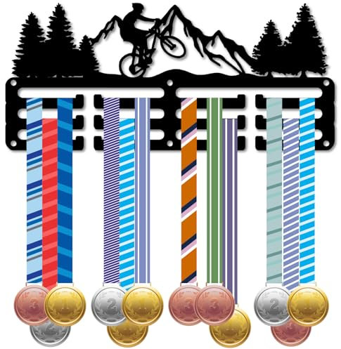 CREATCABIN Medaillenhalter Fürs Fahrrad Sportmedaillenaufhänger Kleiner Medaillenständer Bergwald An Der Wand Montierter Rahmenhaken Aufhängen 40+Medaillenbändern Fahrradsportler Schwarz 29x13cm