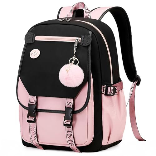 Amythe Rucksack Mädchen Teenager - Schulranzen für Mädchen 3. - 5. Klasse，Modischer Schultasche mit Süßem Anhänger und Trolleyband, Lässiger Kinderrucksack，43cm -Rosa
