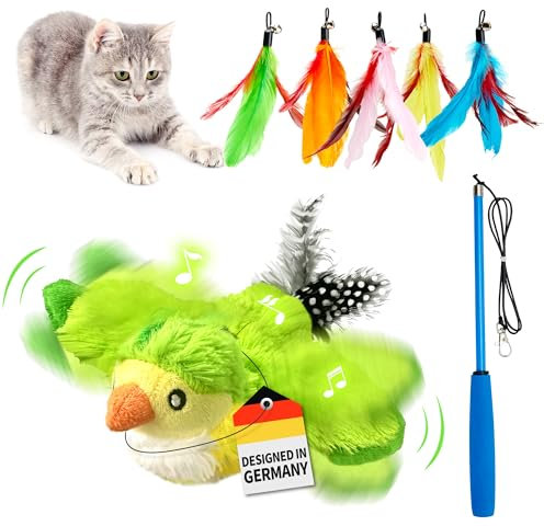 Toozey Interaktives Katzenspielzeug Elektrisch Set, Katzenspielzeug Vogel zur Selbstbeschäftigung - Realistischem Zwitschern & Bewegung, Katzenangel mit 5 Federn, mit Katzenminze, wiederaufladbar