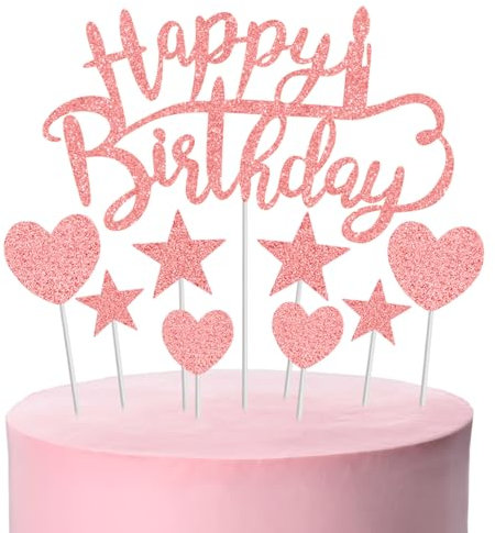 Happy Birthday Cake Topper Pink Glitter Cake Decorations Happy Birthday Cupcake Toppers for Party Decorations A8DGFXCP