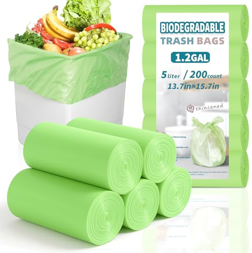 BODFPPC 200 Pack Biodegradable Bin Bags 5L, Compostable Food Waste Bags Caddy Bin Liners for Kitchen Office Bathroom Recycling, Eco-Friendly Food Rubbish Trash Bags Green