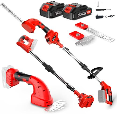 21V Akku Heckenschere,3 in 1 Schnurlose Grasschere und Trimmer,Heckenschere Akku mit Teleskopstange 2x2.0mAh Wiederaufladbaren,Länge des sägers 200mm/155mm Klingen und Adapter für Garten Ras