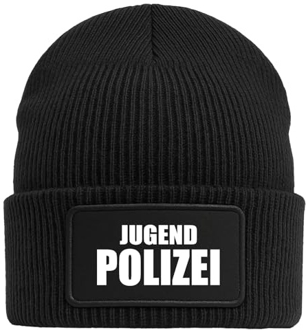 Huuraa Beanie Jugend Polizei Schriftzug Geschenk | Black Geschenkidee Schwarze Rippstrick Wintermütze mit austauschbarem Klett Patch