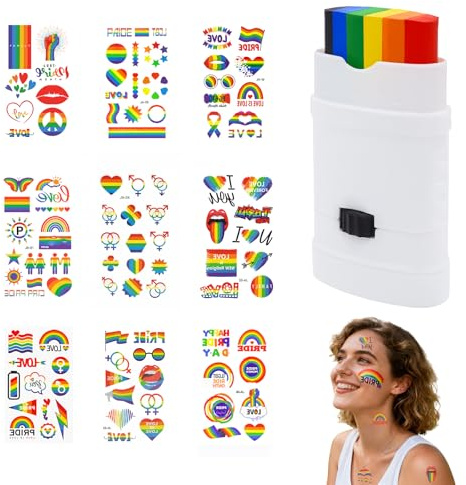 Rainbow Pride Makeup Kit: Includes 1 Reusable Face Paint Stick (100+ Uses) and 10 Vibrant Tattoos for Sensitive Skin - Essential for LGBTQ+ Parades, Festivals, and Celebrations