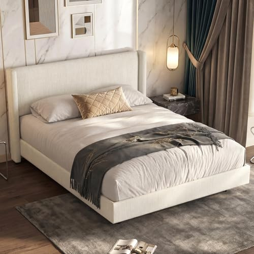 Miuuod King Bed, 160x200 cm, Vertical Channel Tufted Wingback Headboard, Upholstered Platform Bed, Strong Wooden and Metal Slats, Easy Assembly, Cream White