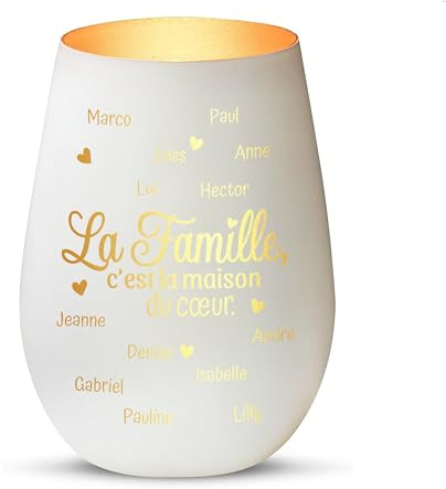 Love Faith Photophore personnalisé - La Maison du cœur - Blanc/Doré | Photophore en verre mat à personnaliser avec les prénoms de la famille - Beau cadeau pour la famille