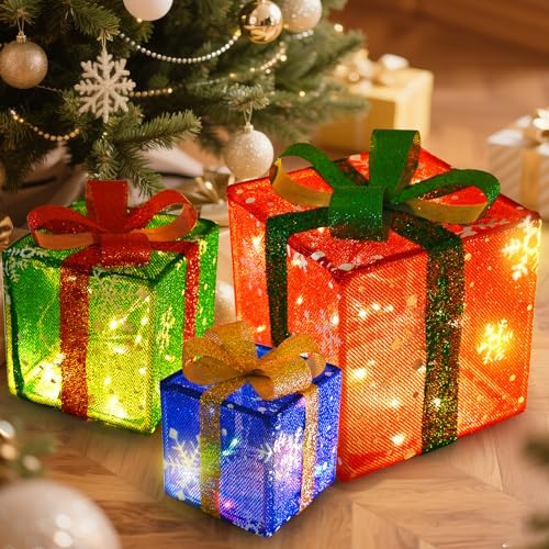 Daixilan Weihnachtsdekoration, 3er-Set beleuchtete Geschenkboxen mit 60 LEDs, geeignet für drinnen und draußen sowie als Weihnachtsbaumschmuck, warmes Licht