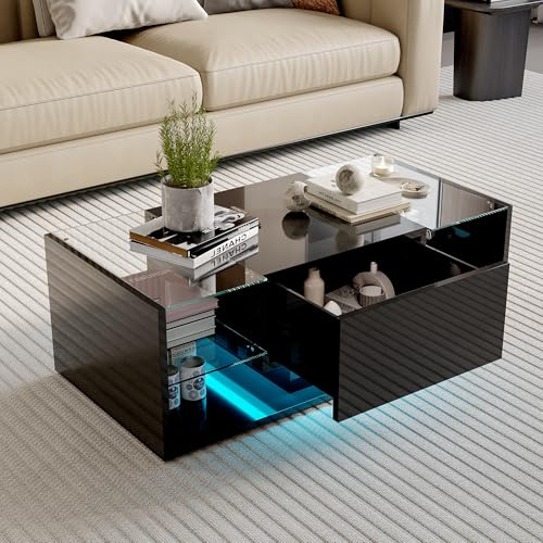 TIMORWTF Table Basse LED, Moderne Tables Basses avec Tiroirs de Rangement et Etagère Verre Ouverte,Table de Salon Haute Brillance pour Salon ou Bureau 100x50x35cm, Noir (Noir)