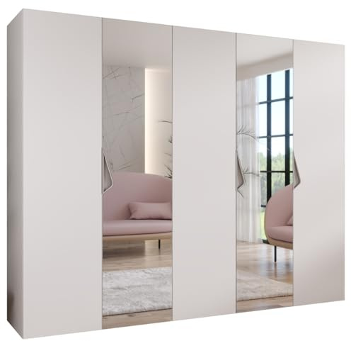 MEBLE KRYSPOL - Kleiderschrank - Garderobenschrank - 250 cm x 202 x 52 cm - Schrank mit Kleiderstange und Spiegel, 5 Türen - für Schlafzimmer, Flur - SANDI, Weiß, Griff Kaschmir