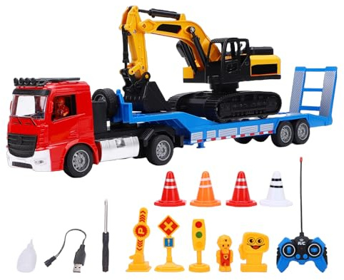 Mingzhe RC-BAU-LKW-Bagger-Set für Erwachsene, 6-Kanal-Fernbedienungs-Baufahrzeug-Modellbausatz mit Sprüheffekt, Ton und Lichtern (Rot)