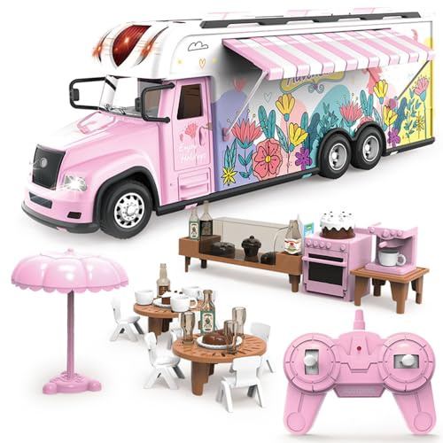 HPZIHUIT Voiture télécommandée Rose 2,4 GHz avec Musique, lumières et Mini Meubles de Camping, modèle de Camping-Car de Simulation électrique pour Enfants Filles, Rose