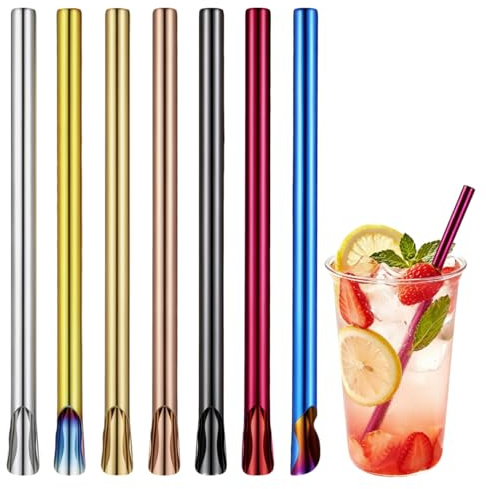GLEAVI 7 Stück Edelstahl Strohhalme mit Löffel Wiederverwendbar und Extra Breit für Bubble Tea Smoothies und Milchtee Inklusive Kreativer Rührfunktion