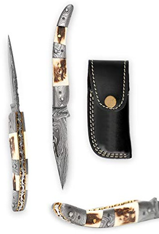 Perkin Handmade Damascus Pocket knife -Stag Antler- Legal to carry