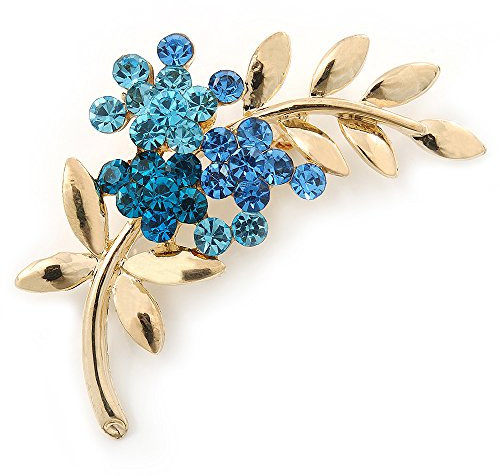 Bleu, strass, motif floral, broche, plaqué or