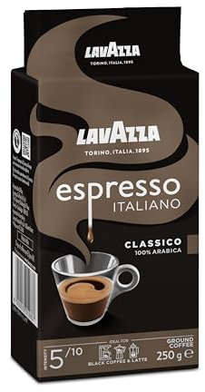 Lavazza, Espresso Italiano Classico, Café Molido Natural, para Cafetera Italiana, de Filtro y Francesa, con Notas Aromáticas de Caramelo y Chocolate, 100% Arábica, Intensidad 5, Tueste Medio, 250 g