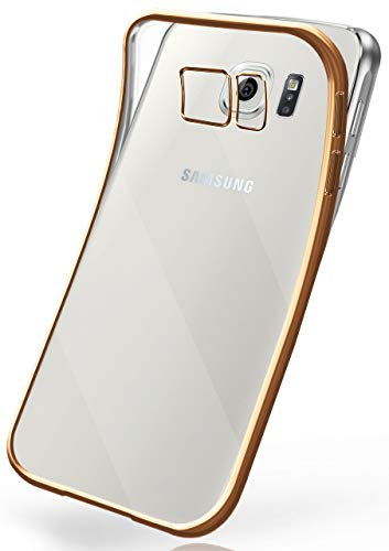 moex Transparente Silikonhülle im Chrome-Style kompatibel mit Samsung Galaxy S6 | Flexibler Schutz mit Hochglanz Metallic Rahmen, Gold