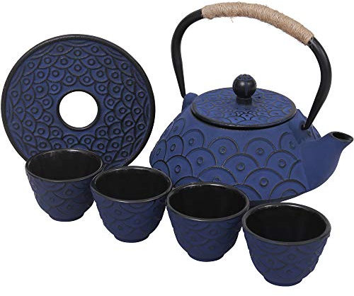 COOGOU Japanese Style Cast Iron Teapot Set with 4 Tea Cups Iron Tea Kettle with Infuser Hemp Rope Trivet Asian Gift for Adults Parents (Fish Scale Pattern, Blue,Anti Rust)