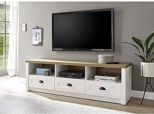 Lomadox Landhaus TV-Lowboard 160 cm in Pinie weiß und Eiche hell mit Kabeldurchlass