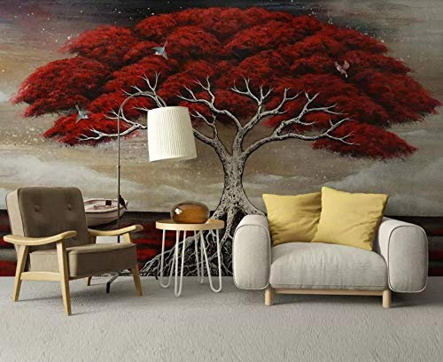 Tapete 3D Wandbild Große Rote Gezeichnetes Ölgemälde Des Baums Hand Fototapete 3D Effekt Vliestapete Wohnzimmer Wanddeko