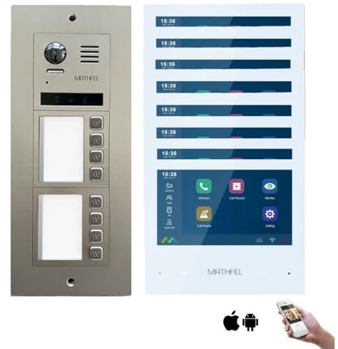 MATHFEL 2-Draht-IP WLAN Video-Türsprechanlage – Komplettset für 8-Familienhäuser mit 8X 7-Zoll-Monitoren, Full-HD-Bildauflösung, Edelstahl-Front und Farbnachtsicht.