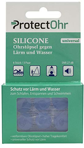 ProtectOhr Silicone Universal Ohrenstöpsel, 3 Paar aus wasserdichtem Silikon, Ohrenstöpsel gegen Lärm und Wasser, beim Schwimmen/Duschen/Wassersport, 6 Stück
