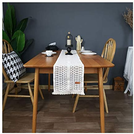 Daesar Baumwolle Tischläufer 24x140CM, Tischläufer Hochzeit Abwaschbar Modern Weiß mit Quasten Tischdekoration Tischdecke Outdoor
