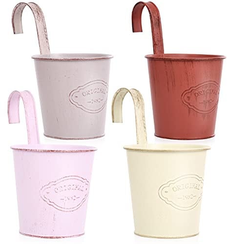 CITÉTOILE 4er Set Hängender Blumentopf mit Drainageloch, Bunter Metall-Blumentopf mit Abnehmbar Haken, Vintage Style Dekotation Balkon Garten Wand Zaun Draussen Innenwand, Modell-01