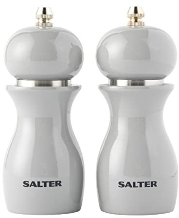 Salter 7613 GYXR Salt & Pepper Grinder Set - Spice Mills, High Gloss Mechanical Seasoning Pots, Twist to Grind, Adjustable Fine to Coarse, Retro, 26g Salt/13g Pepper, Grey Condiment Set, 14cm
