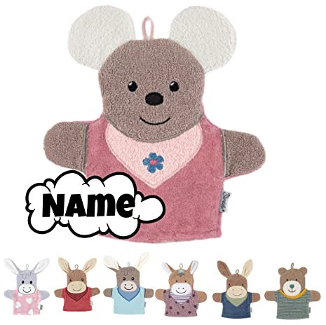 Sterntaler Waschlappen Kinder personalisiert | Waschhandschuh | Waschlappen Frottee mit Namen bestickt | 100% Baumwolle | Baby Geschenke (Mabel Maus rosa)