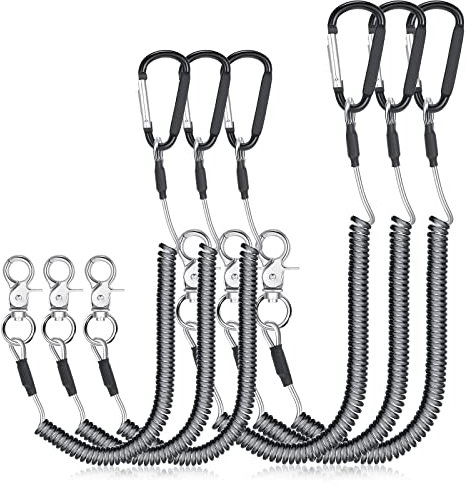 Woanger 6 Pack Heavy Duty Fishing Lanyard Steel Wire Coiled Lanyard Kayak Retractable Tool Leash Fishing Rod Safety Lanyard Gear Lanyard with Alloy Clips for Pliers Boating(Black)