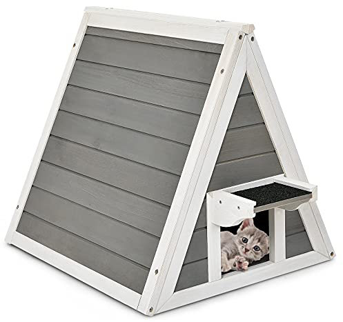 GYMAX 50 x 55 x 52 cm Katzenhaus mit Asphaltdach & Tür, Wetterfeste Katzenhöhle aus Holz, Katzenhütte bis 20 kg belastbar, für Indoor & Outdoor