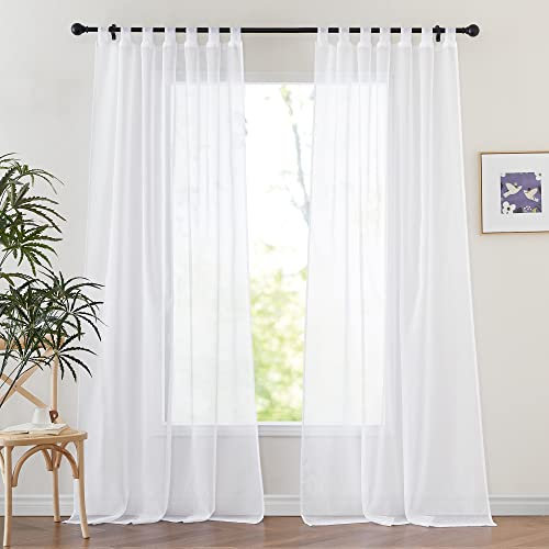 PONY DANCE Vorhang Weiß Transparent Schlaufenschal 2er Set H 245 x B 140 cm Voile Gardinen Wohnzimmer Modern Leinenoptik Dekoration