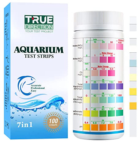 TRUEDIRECTION 7 in 1 Aquarium-Teststreifen, 100 Stück, Aquarium-Test-Set Für Süßwasser, Fischteich, Genaue Prüfung der Gesamthärte, Karbonat-Nitrat, Nitrit, Cl2, pH