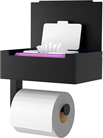 JiangLin Schwarz Toilettenpapierhalter Ohne Bohren mit Feuchttücherbox,Wandmontierter Edelstahl Klopapierhalter ohne Bohren,WC Papier Halterung mit Ablage-Box für Küche und Bad