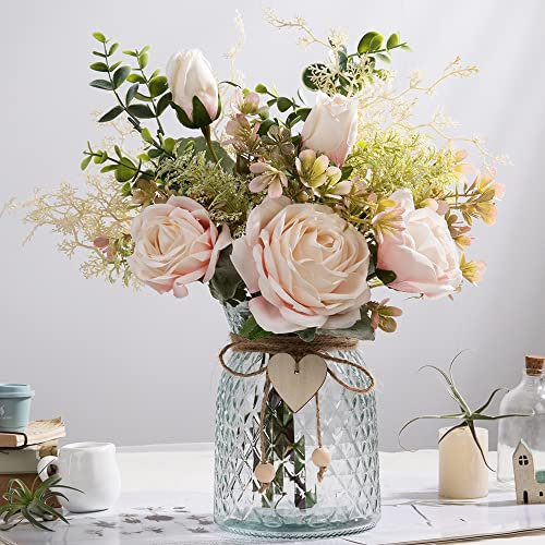JARELING Fiori di rosa in seta, composizione di fiori artificiali con vaso di vetro, rose finte per decorazione da tavolo centrotavola (rosa rosa)