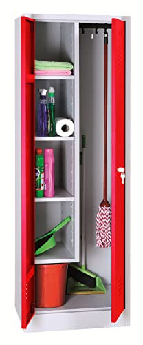 Schrank & Stuhl Mehrzweckschrank | Besenschrank mit verkürzter Trennwand, Hakenleiste und 5 Fächern 180x60x50, Zylinderschloss, komplett montiert, Grau/Rot