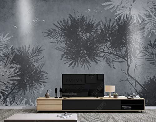 Papier Peint Jungle Végétale Gris Noir Et Blanc Muralepapier Peint Intissé Papier Peint Salon Chambre 300(W) X210(H) Cm