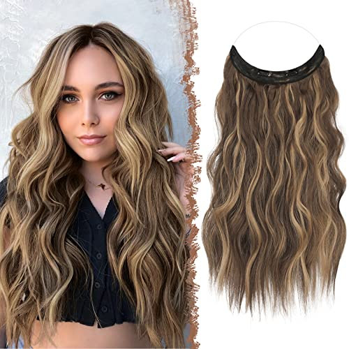 FESHFEN Secrets Hair Extensions Lange Gewellt Haarverlängerung Invisible Secret Haarextension Synthetik Haare Unsichtbarem Haarteile für Frauen Honigblond Gemischt Hellbraun 40 cm