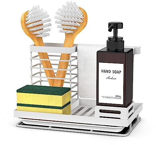 Anhow Spülbecken Organizer, Kohlenstoffstahl Spüle Organizer Caddy mit Abflusspfanne für Küche Bürste Schwamm Organizer - Weiß/ 15x24,3x16,5 cm