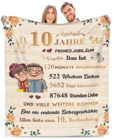 Adolgutty Geschenk zum 10 Hochzeitstag, 10 Jahre Hochzeitstag Geschenk Decke für Frauen Männer Paare, Hochzeitstag, Kuscheldecke Flauschig 130x150cm