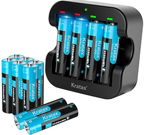 12Pack - Kratax AA Rechargeable Batteries & Charger| 1.5V Lithium AA Battery|3500mWh Rechargeable Double A Li-ion Battery|1600Cycles|Max 3A Discharge| - Home&Office Use|Blink Camera|RC Car,etc.